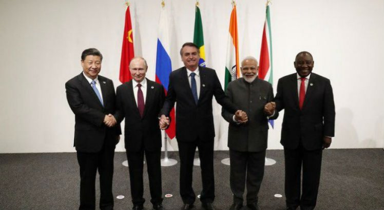 Presidentes da China, Xi Jinping; da Rússia, Vladimir Putin,; do Brasil, Jair Bolsonaro; primeiro-Ministro da Índia, Narendra Modi; e o presidente da África do Sul, Cyril Ramaphosa