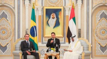 Presidente Jair Bolsonaro se encontra com xeique Mohamed bin Zayed Al Nahyan, Príncipe Herdeiro de Abu Dhabi, durante reunião ampliada.