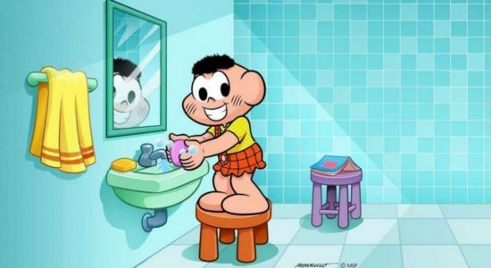 Cascão, da Turma da Mônica, lavando as mãos