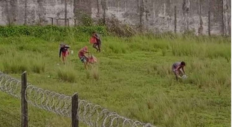 Vídeo mostra detentos da Barreto Campelo recolhendo pacotes arremessados para dentro da penitenciária, em Itamaracá