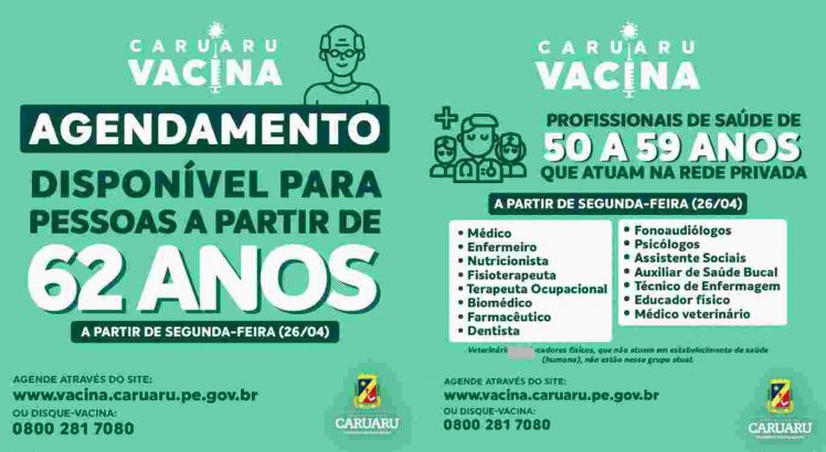 Prefeitura de Caruaru amplia vacinação para idosos a partir de 62 anos
