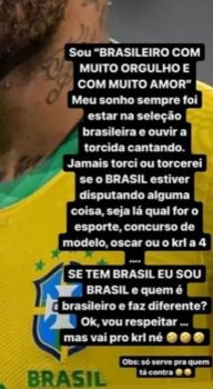 Neymar desabafou no Instagram contra torcida contra o Brasil