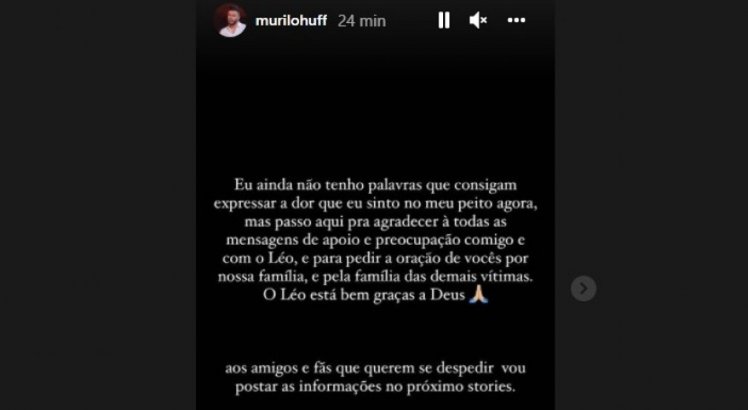 Murilo Huff publicou no storie do Instagram a mensagem de luto