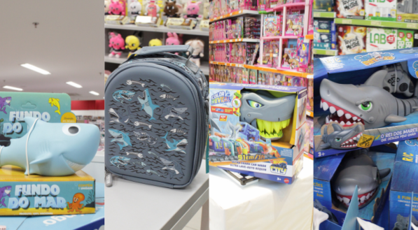 Opções de brinquedos com o tema tubarão para as crianças.