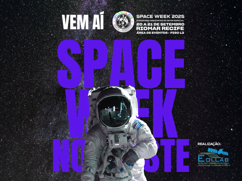 Um astronauta flutua no espaço em um fundo estrelado. O texto promove a Space Week Nordeste, realizada de 20 a 21 de setembro de 2025, no RioMar Recife. Os logotipos da Space Week e da E. Collab aparecem no canto superior direito e no canto inferior direito.