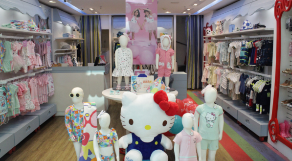 A imagem mostra a loja da Tip Top com a decoração e exposição da coleção Hello Kitty. 