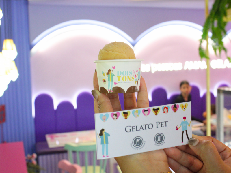 Uma mão segura um copo pequeno de gelato pet e um cartão branco com o título "Gelato Pet". O fundo é uma sorveteria com paredes roxas e brancas.