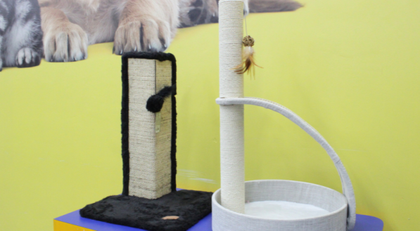 A imagem mostra dois modelos de arranhadores lado a lado: um na cor preta e um na cor bege.