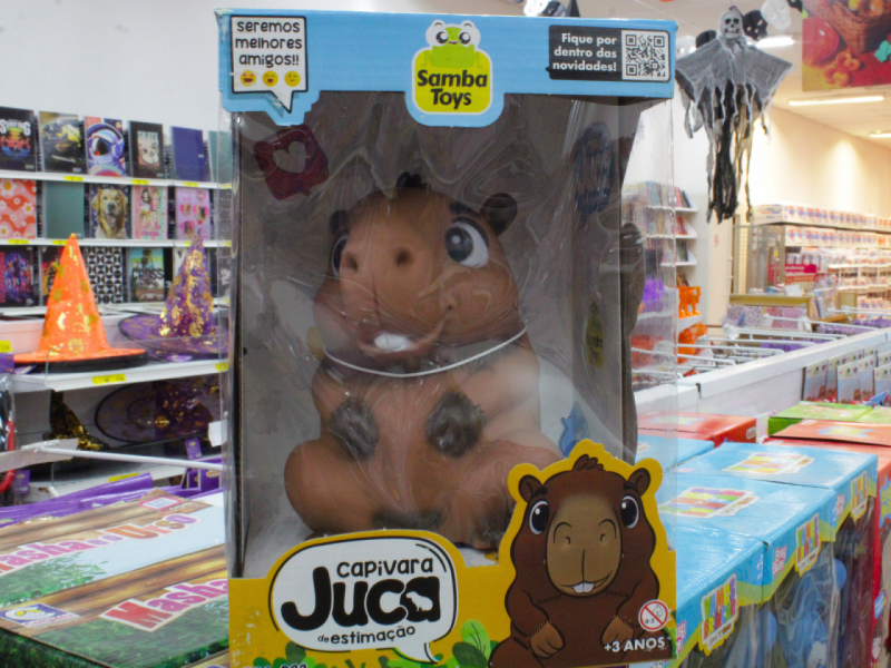 A imagem mostra uma capivara de brinquedo chamada "Capivara Juca de estimação" embalada.