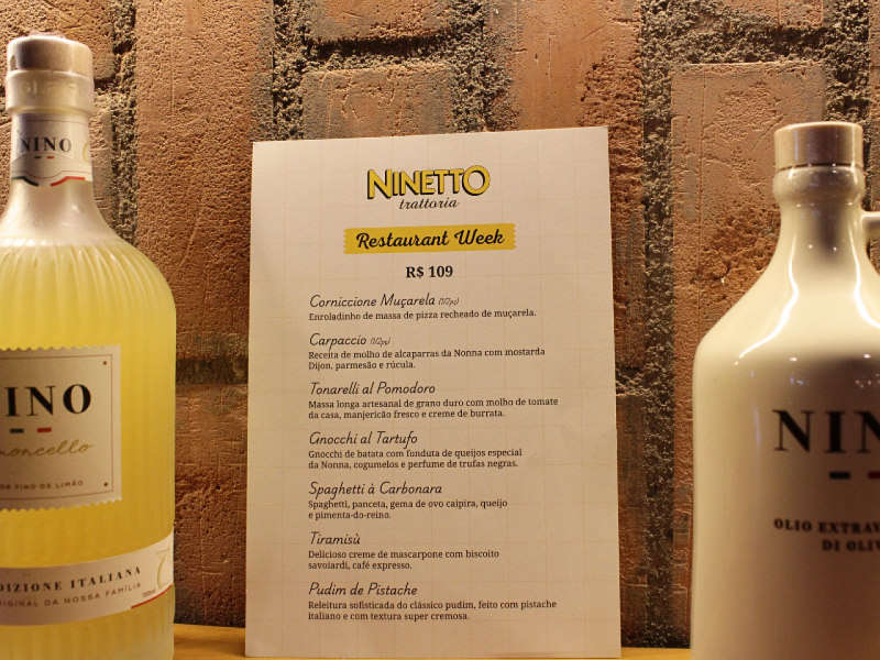 A imagem mostra o cardápio sofisticado de jantar da Ninetto Trattoria para o Recife Restaurant Week.