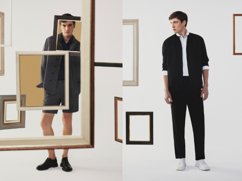 Montagem de dois looks em fundo branco: à esquerda, um homem veste blazer e shorts cinzas em meio a molduras espelhadas. À direita, outro homem usa jaqueta preta, camisa branca e calça preta. Montagem de dois looks em fundo branco: à esquerda, um homem veste blazer e shorts cinzas em meio a molduras espelhadas. À direita, outro homem usa jaqueta preta, camisa branca e calça preta.