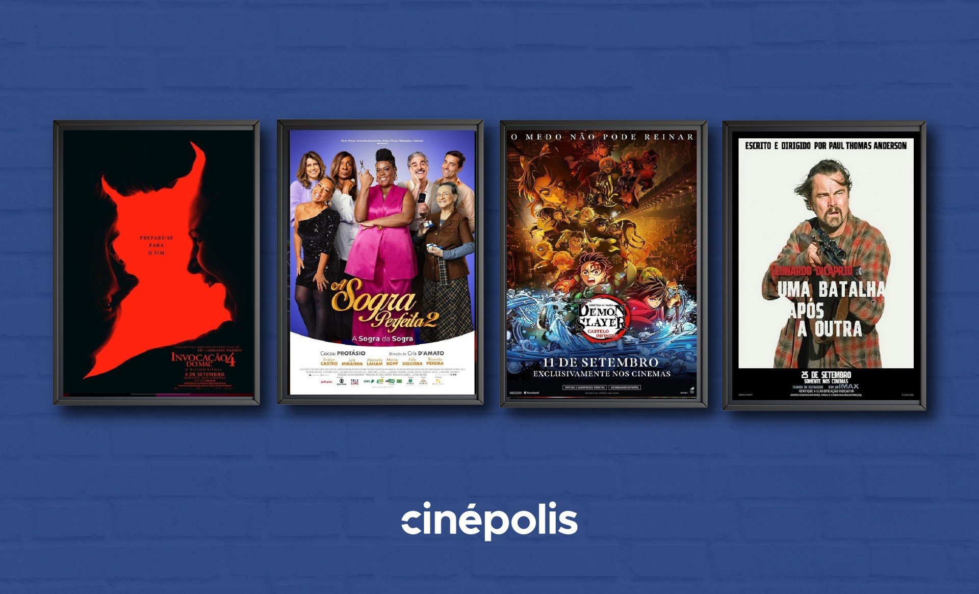 Capas de filmes em cartaz em fundo azul