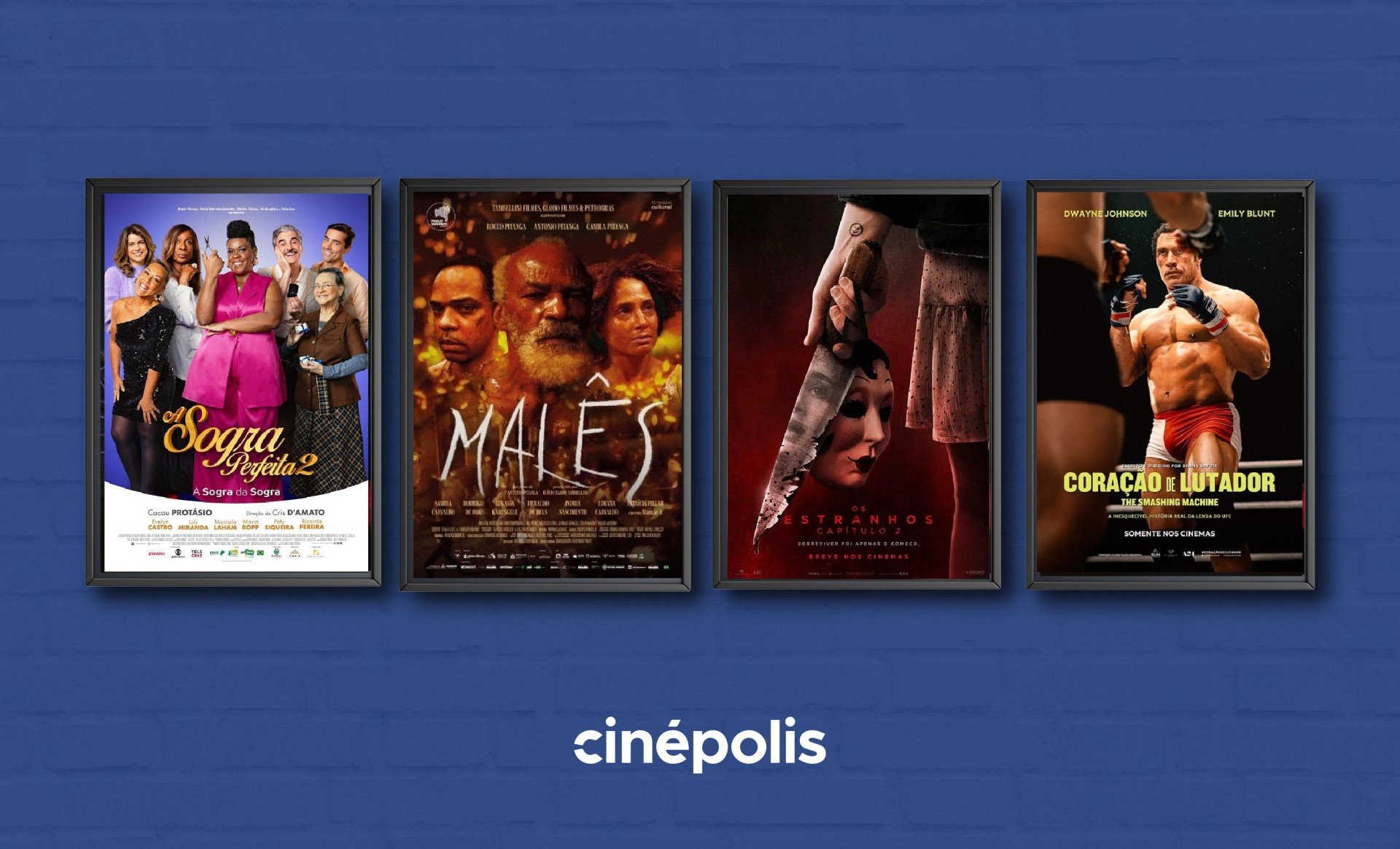 Capas dos filmes em cartaz em fundo azul