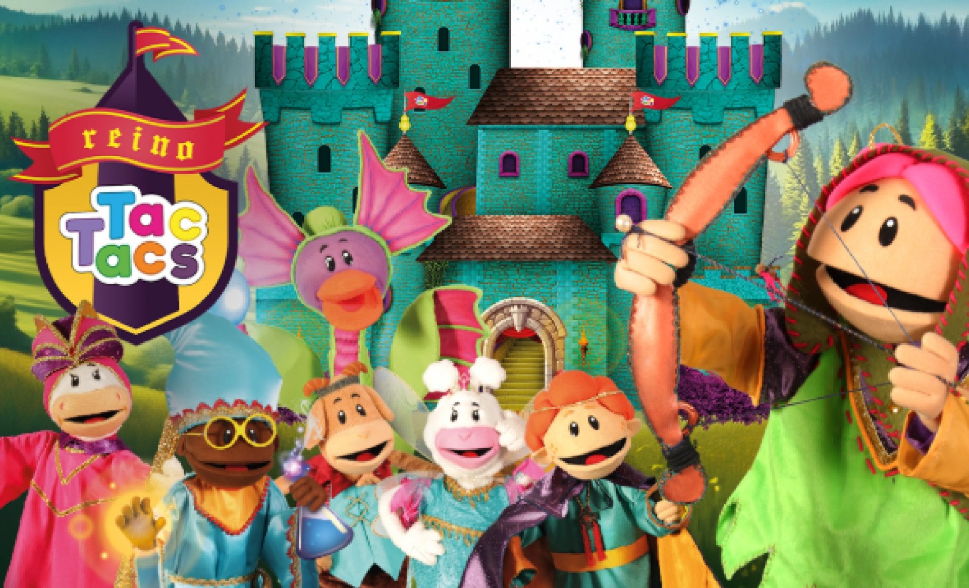 Personagens do parque Tac Tacs com castelo ao fundo Personagens do parque Tac Tacs com castelo ao fundo