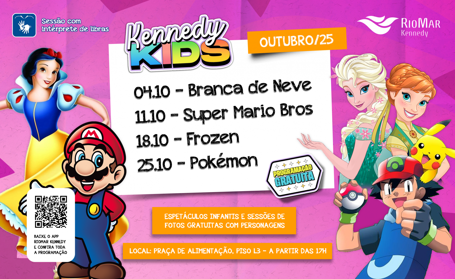 programação do mês de outubro no Kennedy Kids em fundo rosa