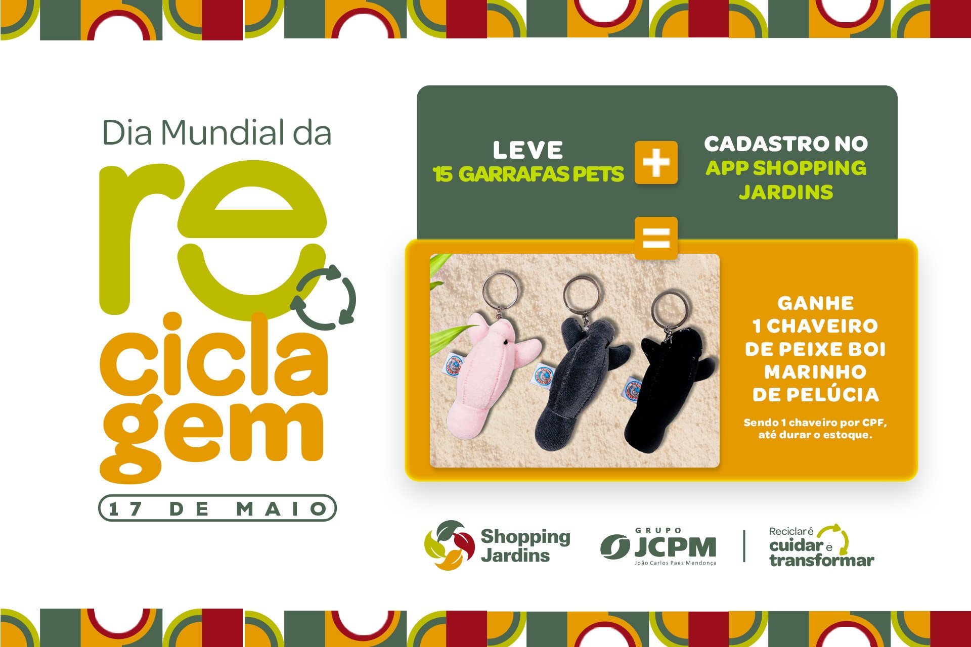 Troca sustentável: ganhe 1 chaveiro de peixe boi de pelúcia