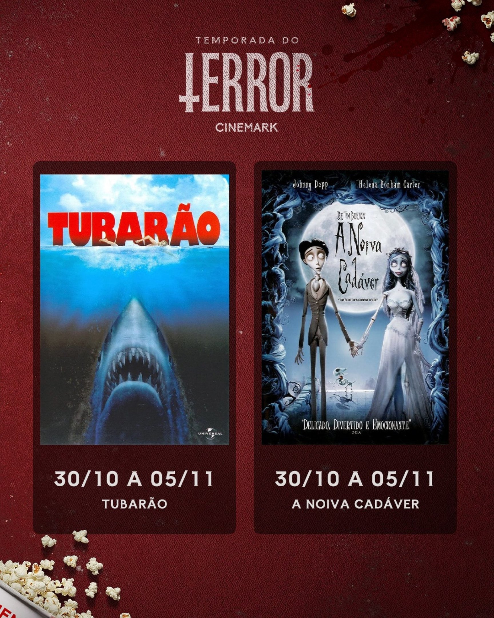 Fundo vermelho com elementos do cinema melados de sangue. Cartazes dos filmes Tubarão e A Noiva Cadáver, com exibição de trinta de outubro a cinco de novembro