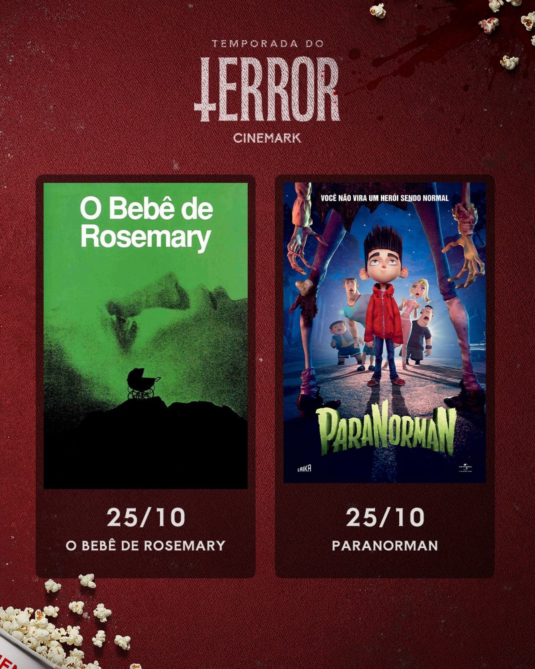 Fundo vermelho com elementos do cinema melados de sangue. Cartazes dos filmes O Bebê de Rosemary e ParaNorman, com exibição em vinte e cinco de outubro.