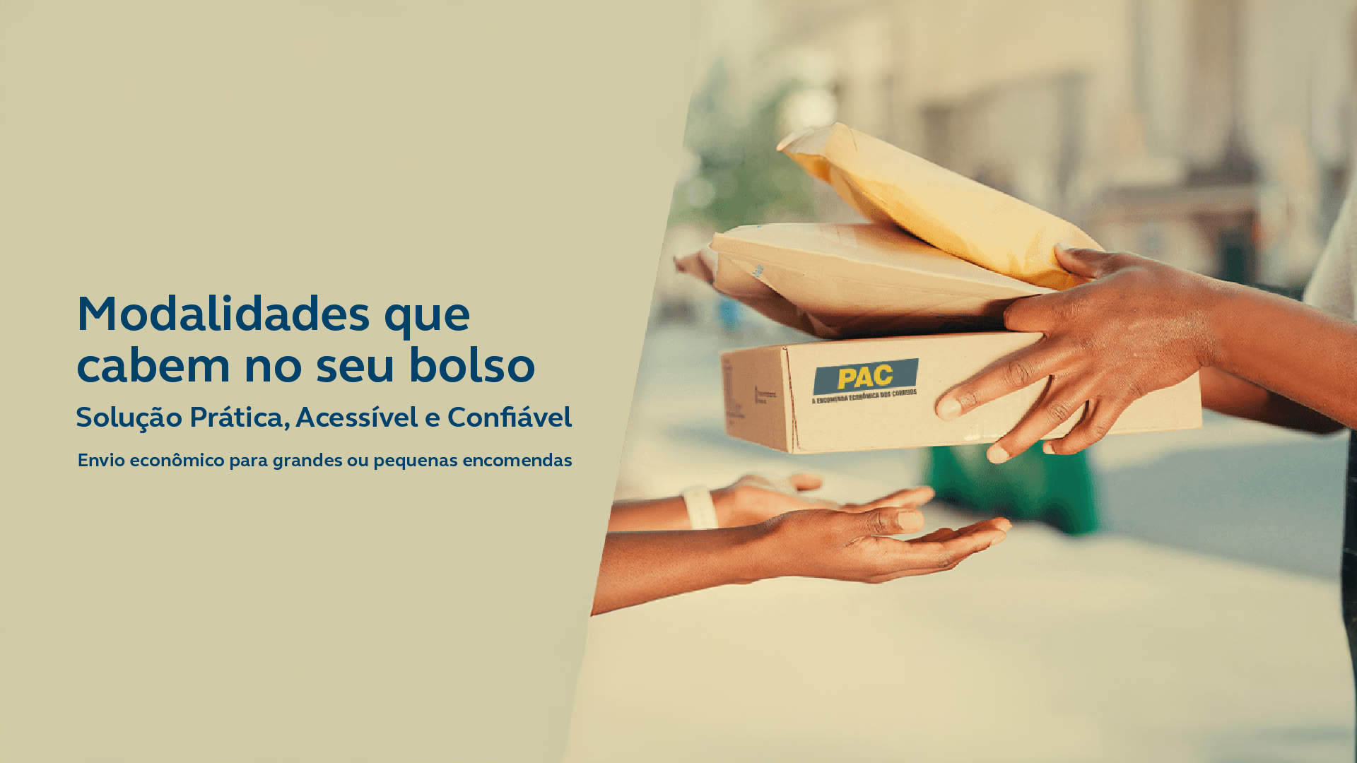 Vemos as mãos de duas pessoas, uma está recebendo o pacote dos Correios e as outras mãos são de um entregador. 