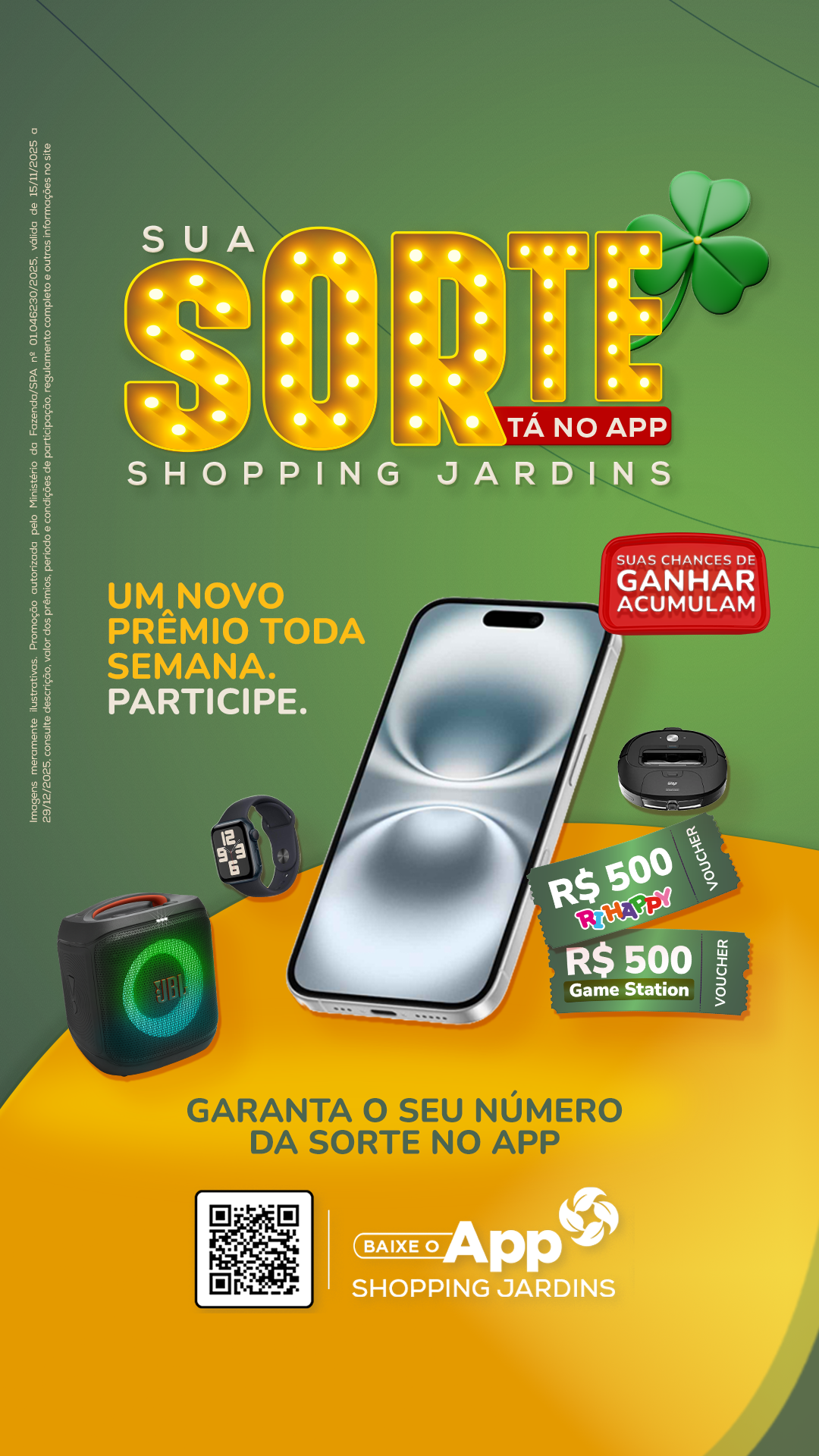 Imagem com produtos que serão sorteados na promoção "Sua Sorte tá no App Shopping Jardins'. Vemos iphone, caixa de som, robô aspirador, apple watch e vouchers de lojas. 