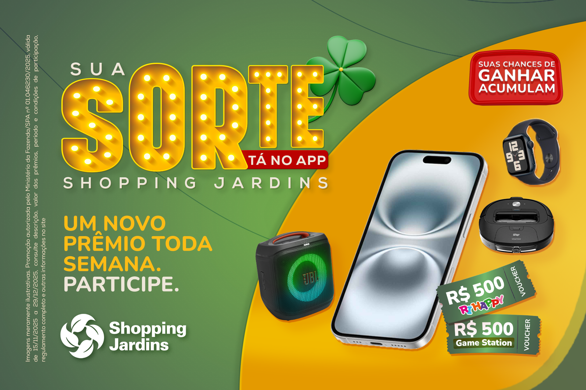 Imagem com produtos que serão sorteados na promoção "Sua Sorte tá no App Shopping Jardins'. Vemos iphone, caixa de som, robô aspirador, apple watch e vouchers de lojas. 
