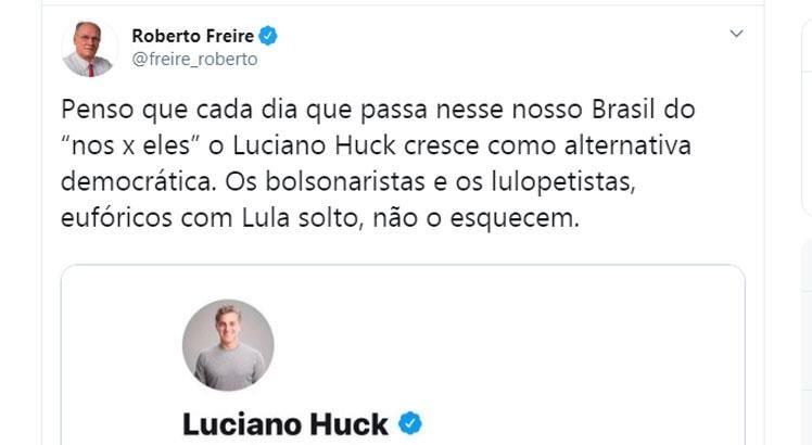 Roberto Freire diz no Twitter que Huck 'cresce como alternativa democrática'
