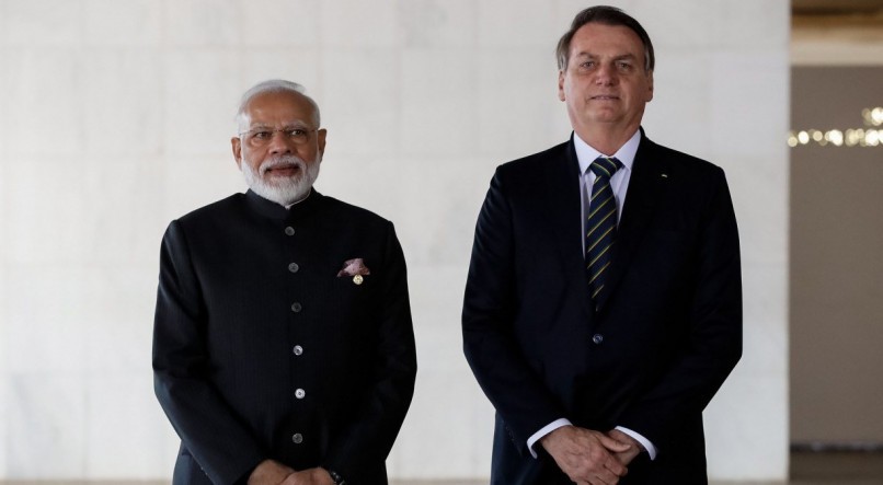 Bolsonaro ao lado de Narendra Modi em Bras&iacute;lia, em 2019