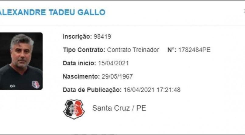 Esta &eacute; a quinta passagem de Alexandre Gallo pelo futebol pernambucano e a primeira vez dele no Santa Cruz. 