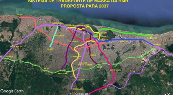 Proposta de corredores para receberem o metr&ocirc; a&eacute;reo no Grande Recife