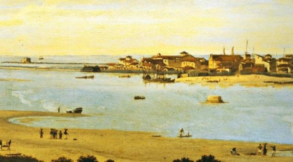 Recife durante coloniza&ccedil;&atilde;o holandesa. Nas pinturas, &eacute; poss&iacute;vel ver as balsas usadas como meio de transporte