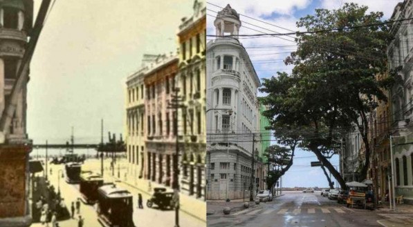 &Agrave; esquerda, bondes el&eacute;tricos na Avenida Marqu&ecirc;s de Olinda, Centro do Recife. &Agrave; direita, mesma avenida, mas vazia