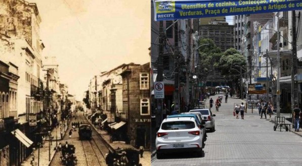 &Agrave; esquerda, bondes el&eacute;tricos na Rua Nova, Centro do Recife. &Agrave; direita, atuais meios de transportes na mesma rua