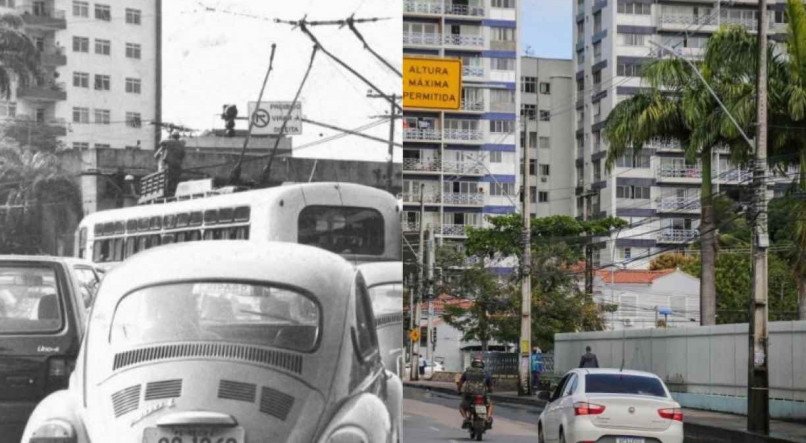 &Agrave; esquerda, &ocirc;nibus el&eacute;tricos na Avenida Cruz Cabug&aacute;, Centro do Recife. &Agrave; direita, atuais meios de transportes na mesma avenida