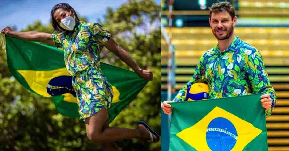 Os porta-bandeiras do Brasil s&atilde;o Bruno Rezende (voleibol) e Ketleyn Quadros (jud&ocirc;)