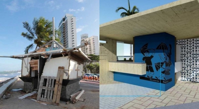 &Agrave; esquerda, situa&ccedil;&atilde;o de quiosque hoje. &Agrave; direita, projeto de revitaliza&ccedil;&atilde;o aprovado pela Prefeitura do Recife