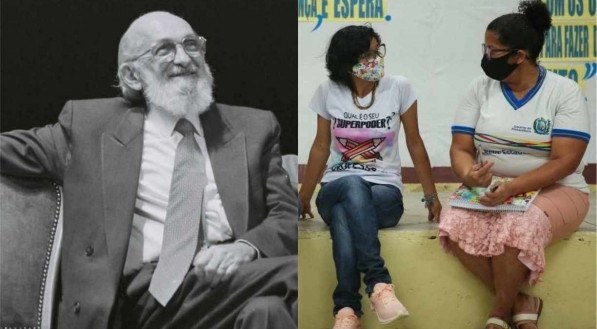 À esquerda, Paulo Freire. À direita, professora Edileuza Rodrigues e sua aluna, Sandra Silva, que aprendeu a ler e a escrever já adulta, pelos métodos do educador