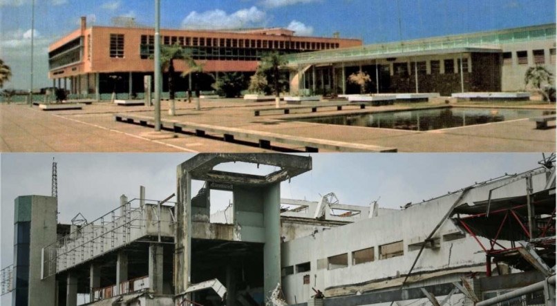 Montagem que compara o estado do antigo terminal do Aeroporto do Recife nos anos de 1950, quando estava em funcionamento, e o mesmo pr&eacute;dio atualmente, em 2021