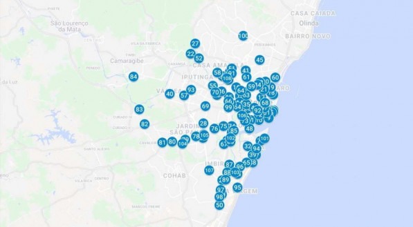 Mapa do Recife com pontos onde ser&atilde;o instalados os rel&oacute;gios digitais com v&iacute;deo monitoramento, reconhecimento facial e medi&ccedil;&atilde;o da qualidade do ar