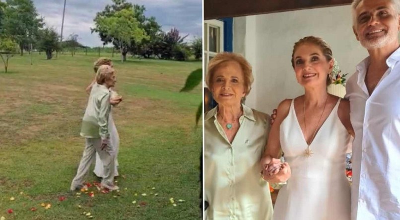 Glória Menezes acompanha filha até o altar em casamento na fazenda da família