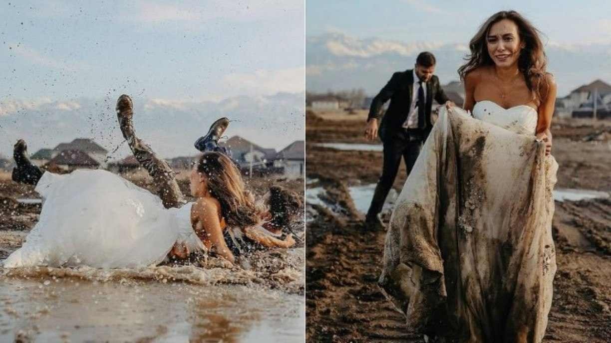 Noivos são surpreendidos após caírem em lama durante ensaio para álbum de casamento; veja imagens