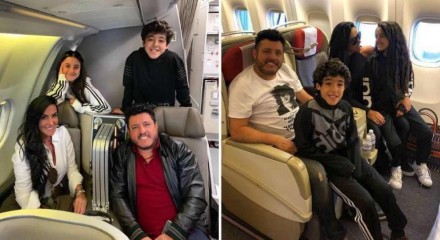 O cantor Bruno, da dupla com Marrone e sua família, em avião