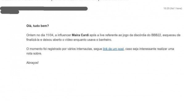 E-mail enviado por assessoria da marca de spray usado por Maíra Cardi