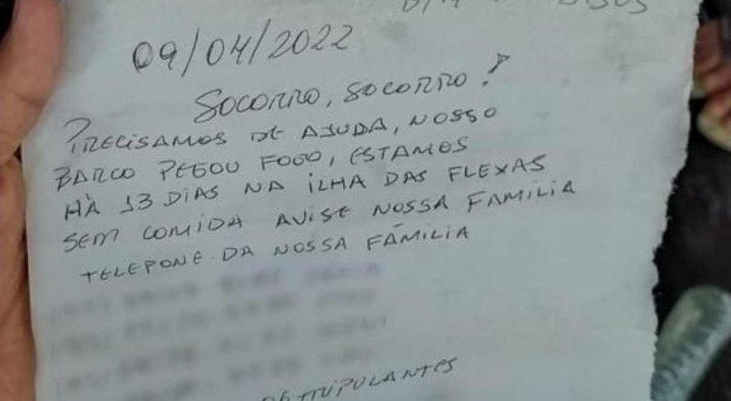 Bilhete foi colocado numa garrafa e encontrado por pescadores, que acionaram a Marinha