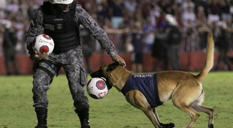 Cachorro da Pol&iacute;cia Militar roubou a cena, durante a partida, ao invadir e correr pelo campo