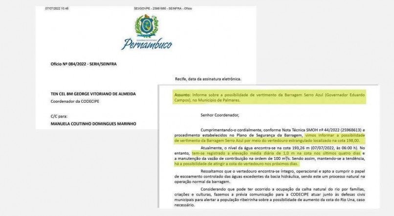 Documento da Seinfra informando sobre o possível vertimento da Barragem de Serro Azul foi encaminhado à Codecipe., Compesa e Apac