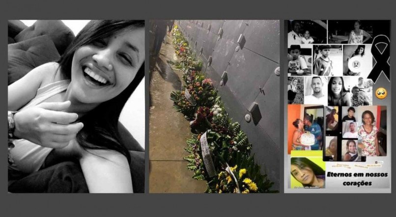 Thaís à esquerda, a fileira de coroa de flores das 11 pessoas mortas da mesma família e o 'santinho' com as imagens dos mortos em Jardim Monte Verde