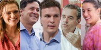 Mosaico com candidatos ao Governo de Pernambuco: Marília Arraes (SD), Anderson Ferreira (PL), Miguel Coelho (UB), Danilo Cabral (PSB) e Raquel Lyra (PSDB)