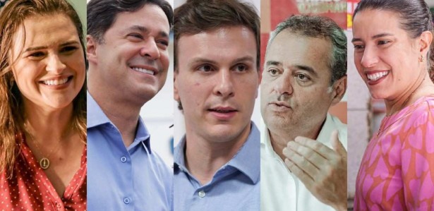 Mosaico com candidatos ao Governo de Pernambuco: Marília Arraes (SD), Anderson Ferreira (PL), Miguel Coelho (UB), Danilo Cabral (PSB) e Raquel Lyra (PSDB)