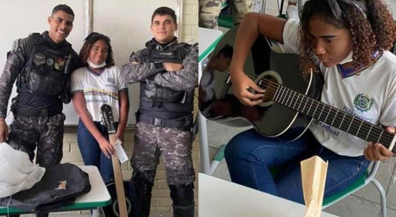 Policiais da Rocam doaram um violão para estudante de Escola Pública