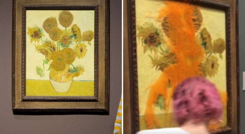 Quadro "Girassóis" de Van Gogh é atacado por ativistas em Londres.